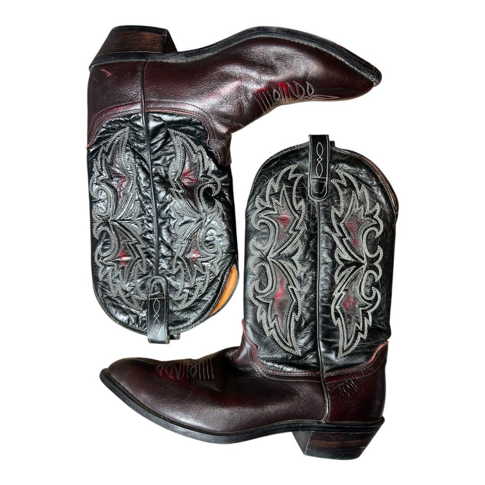J. Chisholm Mens Vintage Western Cowboy Boots Burgundy Black Leather 12 D USA - Picture 2 of 6